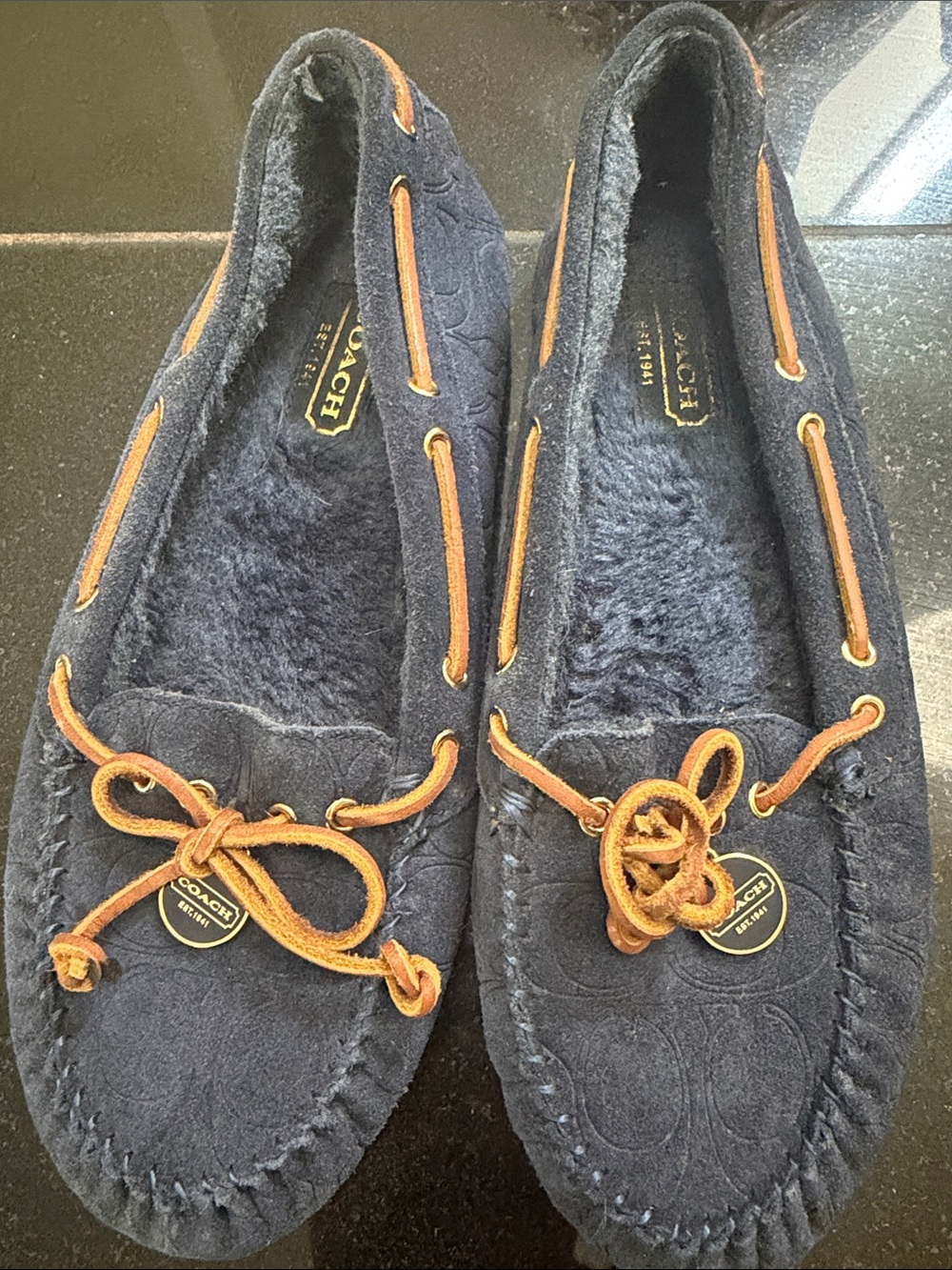 COACH Navy Suede Moccasins with Brown Leather Laces